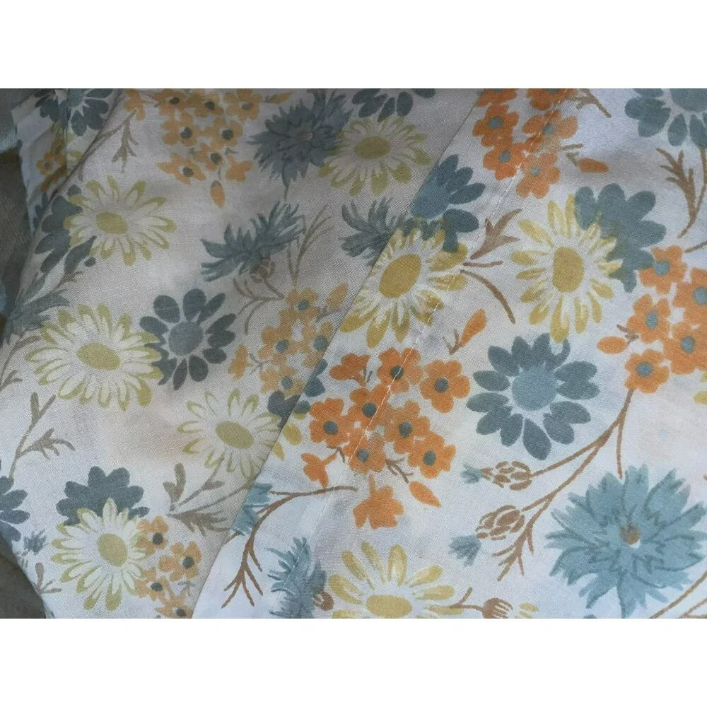 Vintage Full Size Sheet Set Used Blue Yellow Orange Floral 2 Piece